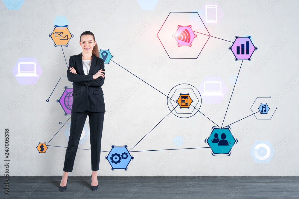 Smiling businesswoman, internet icons Smiling businesswoman, internet icons