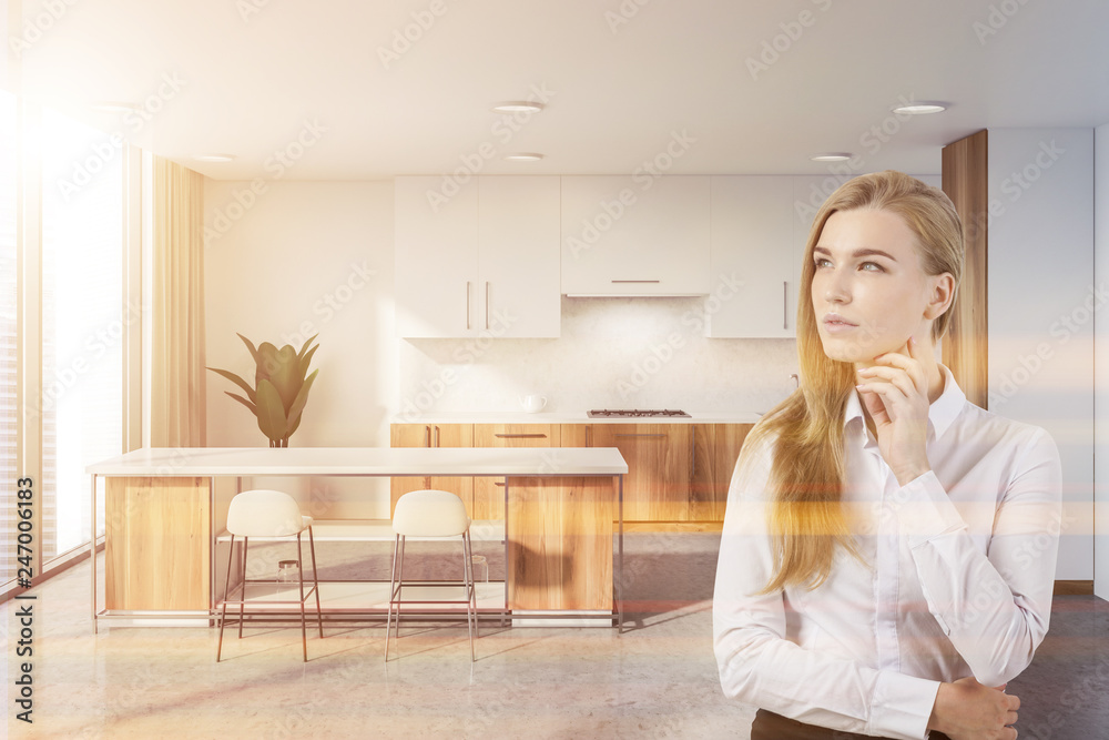 White and wooden kitchen with bar, woman White and wooden kitchen with bar, woman