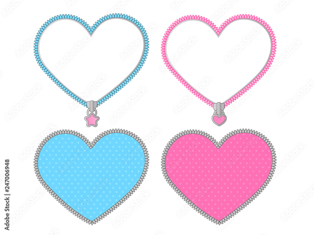 Small cute heart on transparent background. Vector set of graphic elements  for LOL doll surprise party style. Valentine's day card. Zipper frame and  little star lock. Pink, blue, silver grey stickers Stock