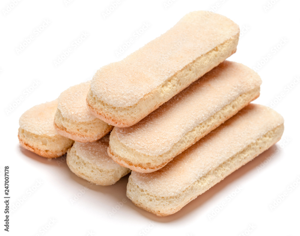 Traditional Italian Savoiardi ladyfingers Biscuits on White Background Traditional Italian Savoiardi ladyfingers Biscuits on White Background
