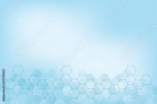 Geometric background texture with molecular structures and chemical engineering. Abstract background of hexagons pattern. Vector illustration for medical or scientific and technological modern design.