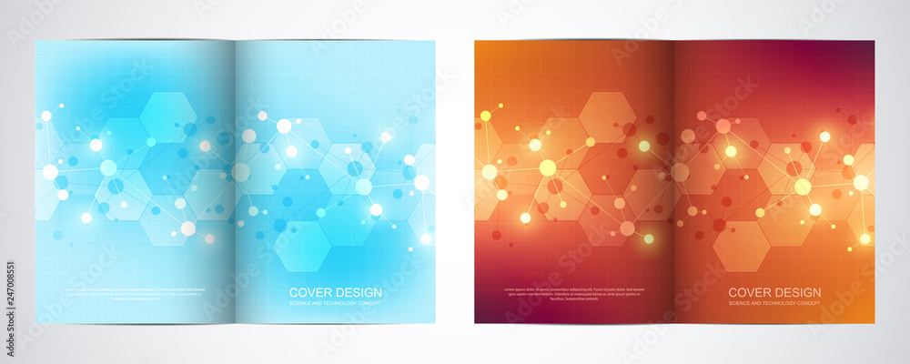 Bi fold brochure template with science and technology background. Geometric texture with molecular structures and chemical engineering.