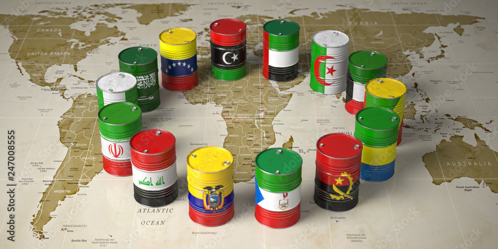 OPEC concept. Oil barrels in color of flags of countries memebers of OPEC on world political map background. - obrazy, fototapety, plakaty 