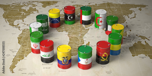 OPEC concept. Oil barrels in color of flags of countries memebers of OPEC on world political map background.