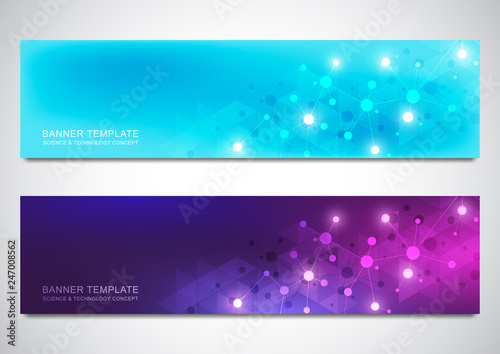 Banners and headers for site with molecules background and neural network. Genetic engineering or laboratory research. Abstract geometric texture for medical, science and technology design.
