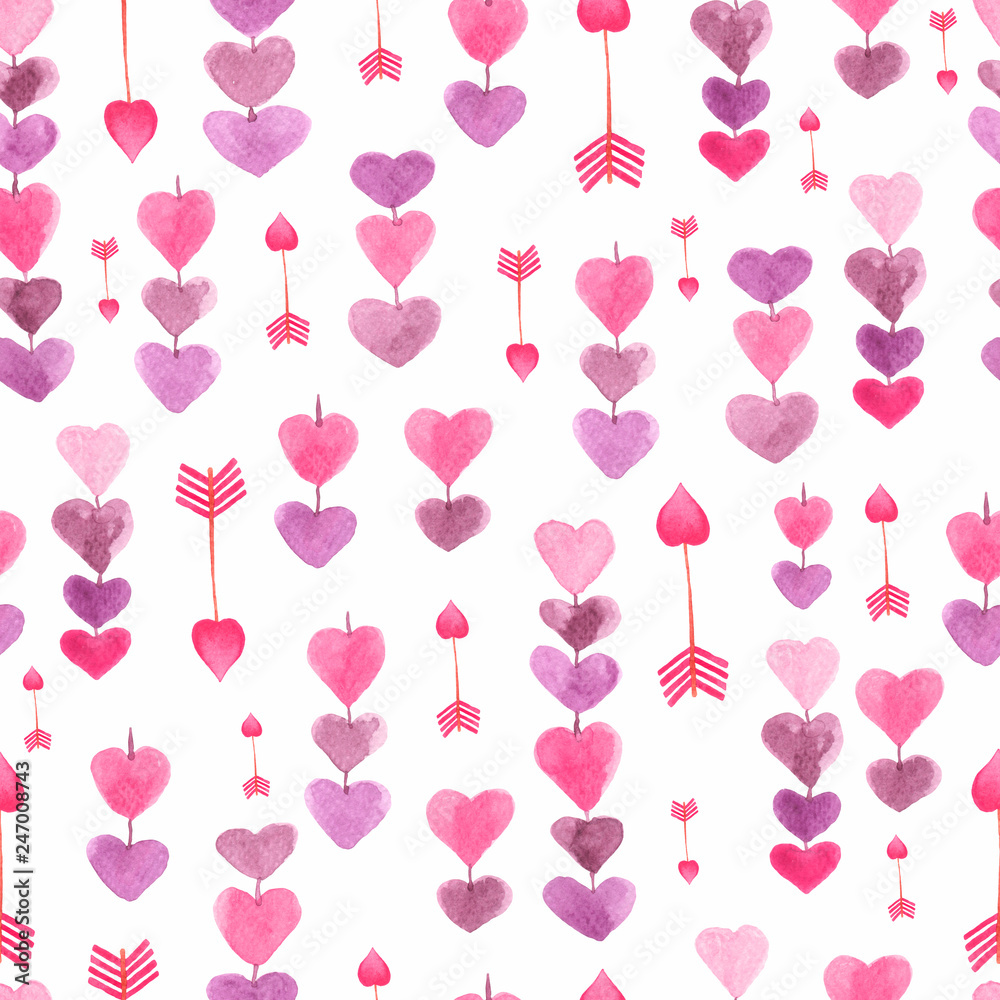 Pattern of chain of hearts and arrows. Seamless background for your design.Romantic texture in pastel colors hand drawn with paints.Red,pink and violet colors.