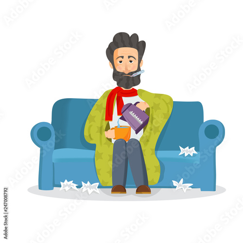 Sick man sitting on the couch. Unhappy character.