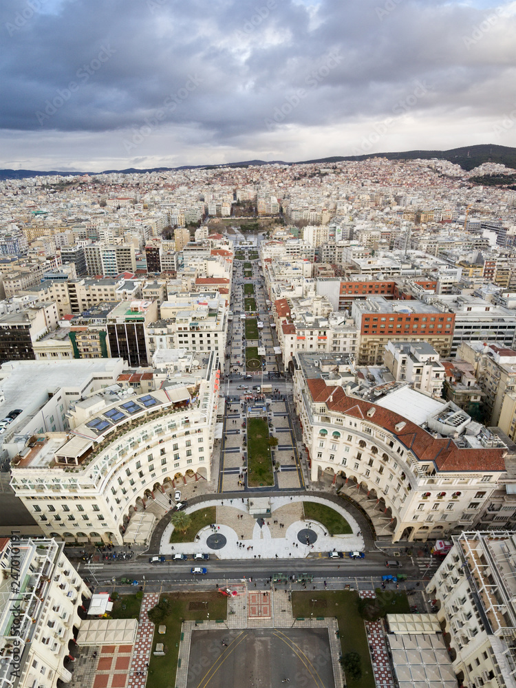 Aerial photo of Aristotelous Square in Thessaloniki on a cloudy day