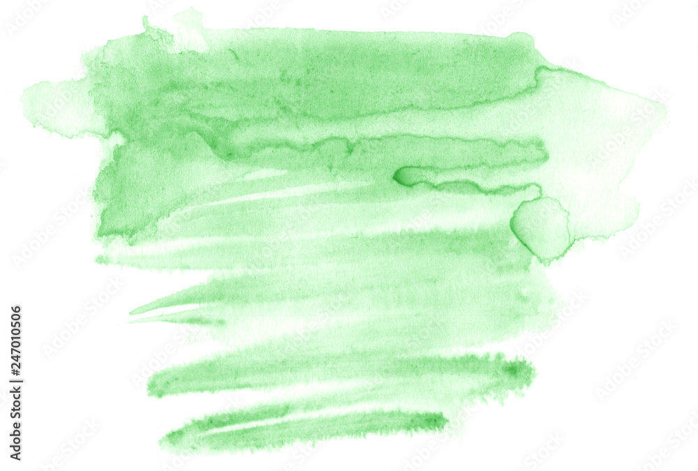 Fototapeta premium Green watercolor hand-drawn isolated wash stain on white background for text, design. Abstract texture made by brush for wallpaper, label.