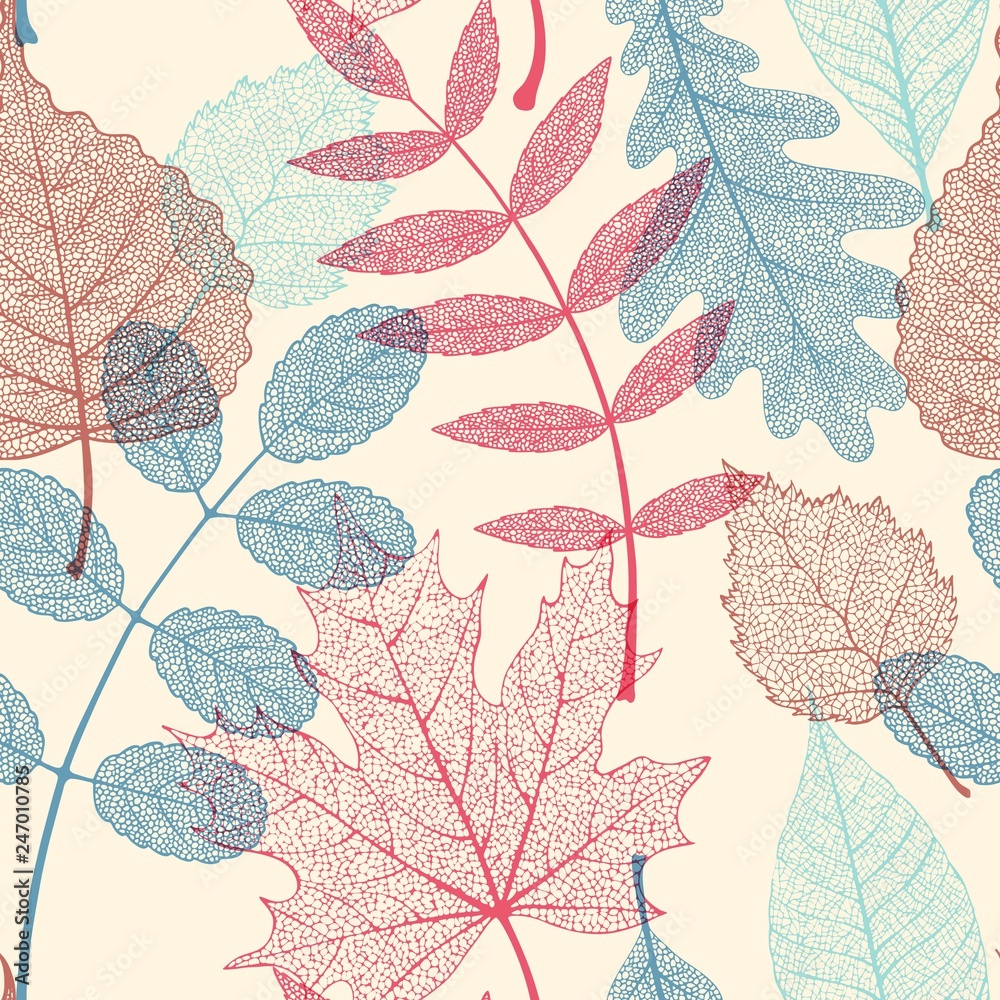 High detail skeleton leaf vector seamless pattern