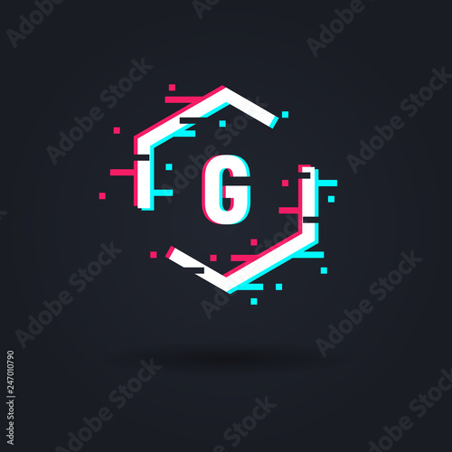 Distorted glitch logo. Hexagon frame in distorted glitch style. Abstract logo template. Modern trendy element for design Logo, sign, label, emblem.