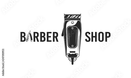 Abstract Barber shop logo or poster. Barbershop logo with razor blade and barber clipper. Vector illustration