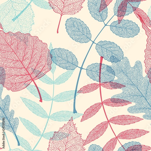 High detail skeleton leaf vector seamless pattern