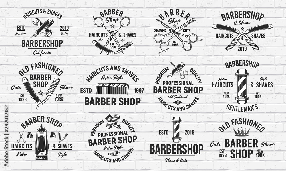 Set of 12 vintage barbershop logos, emblems, labels, badges. Isolated on white background. Vector Retro prints for Haircut's salon, T-shirt, typography. 