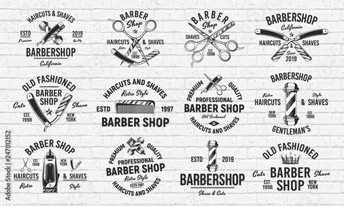 Set of 12 vintage barbershop logos, emblems, labels, badges. Isolated on white background. Vector Retro prints for Haircut's salon, T-shirt, typography. 