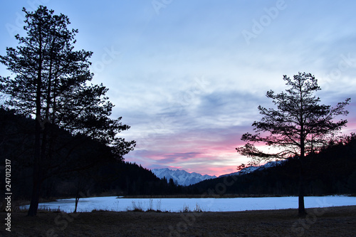 Sunrise at Pian Gembro in winter. View of Adamello from Pian Gembro, Aprica, at the sunrise.