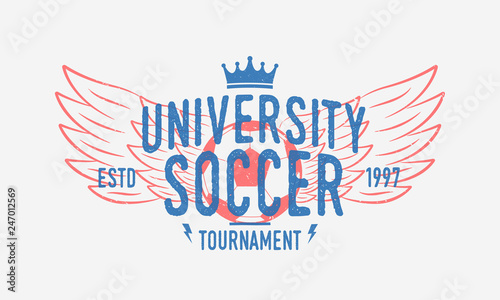 University soccer logo. Football ball with wings and crown. Trendy retro logo. Vintage poster with text and ball silhouette. Template. Vector Illustration