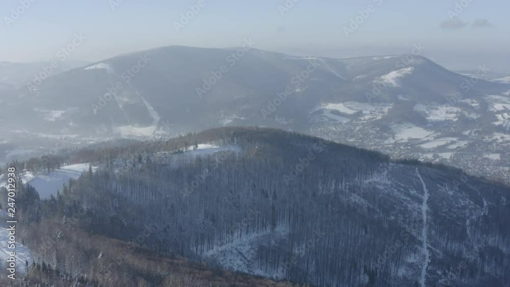 Winter scenery in Silesian Beskids mountains. View from above. DJI Mavic 2 Pro 4k dlog-m ungraded flat. Winter scenery in Silesian Beskids mountains. View from above. DJI Mavic 2 Pro 4k dlog-m ungraded flat.