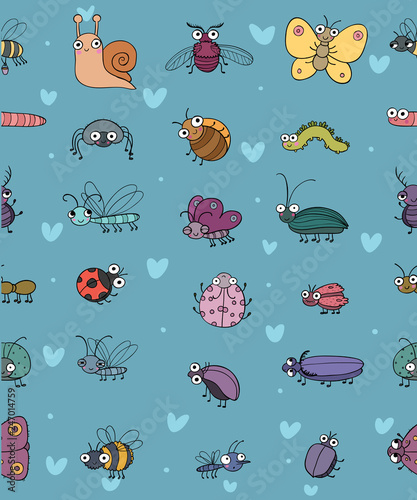 Cute cartoon insects. Funny butterflies, beetles, flies, mosquitoes and snail. Vector