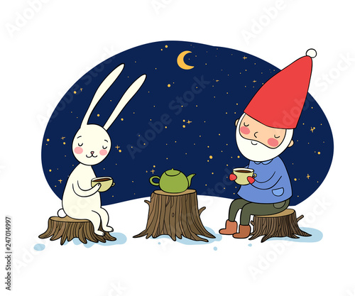 The gnome and the hare drink tea in the forest. Elf and rabbit on a picnic.