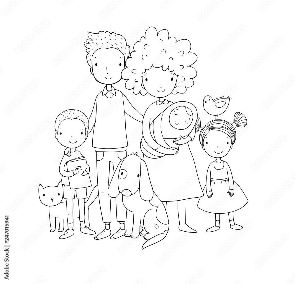 A happy family. Parents with children. Cute cartoon dad, mom, daughter, son and baby. A happy family. Parents with children. Cute cartoon dad, mom, daughter, son and baby.