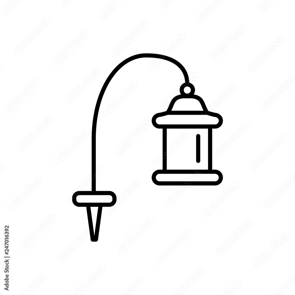 Black & white vector illustration of pathway lantern lamp. Line icon of outdoor landscape light fixture. Isolated object Black & white vector illustration of pathway lantern lamp. Line icon of outdoor landscape light fixture. Isolated object