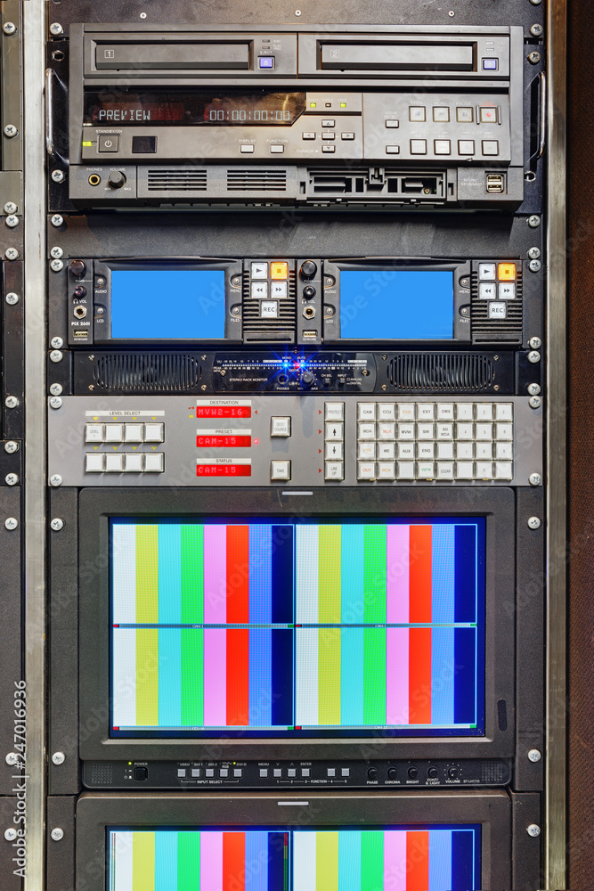 Video recorder of video recording in 4k for live broadcasts of football broadcasts with on-site television station video monitors for playing back footage