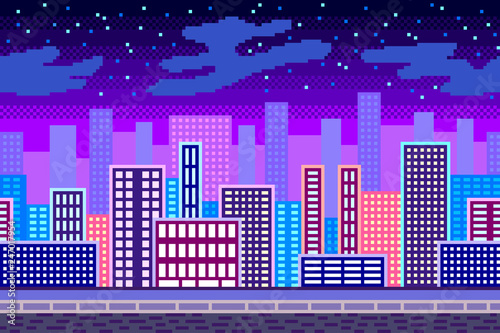 Pixel art night city background detailed vector illustration