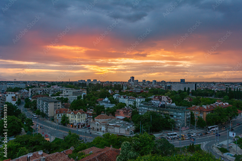 Last sun rays over Plovdiv city during sunset, Bulgaria