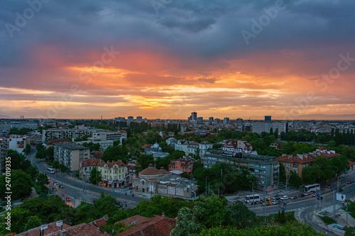 Last sun rays over Plovdiv city during sunset, Bulgaria © Petar