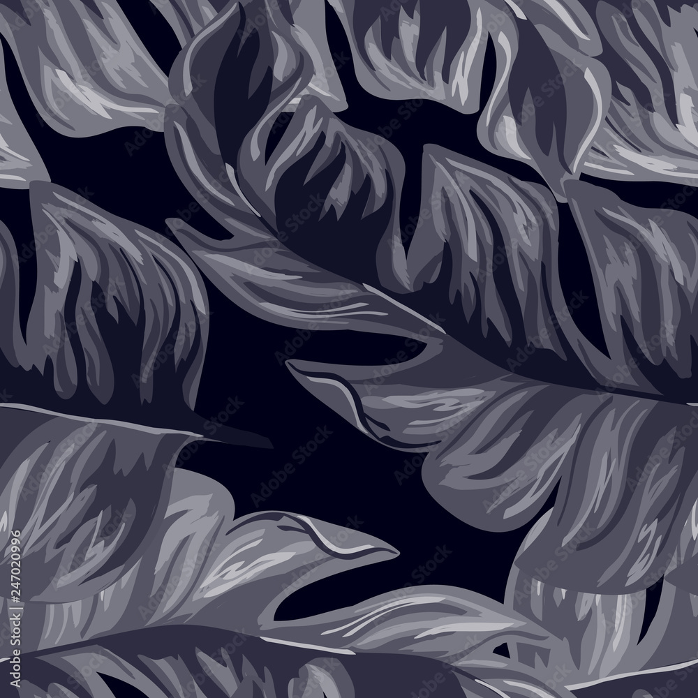 Tropical seamless pattern with indigo banana leaves on blue background. Floral background with exotic leaves. Tropical seamless pattern with indigo banana leaves on blue background. Floral background with exotic leaves.