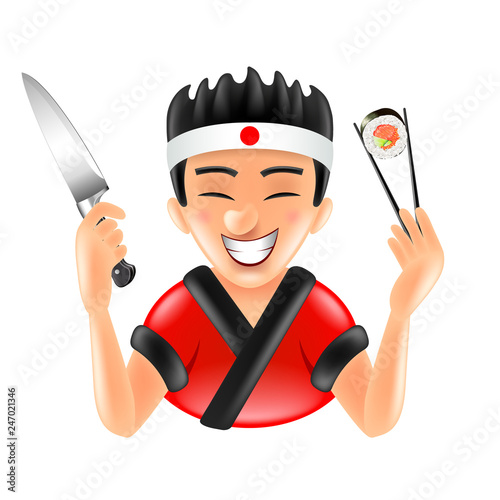 Cartoon japanese sushi chef isolated vector illustration