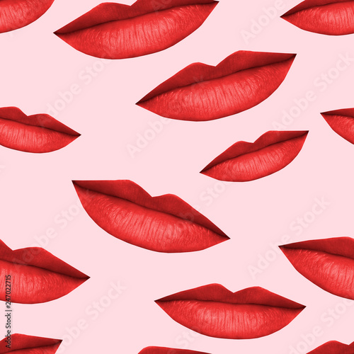 Seamless pattern red lips  kiss on pink background. flat illustration for design.