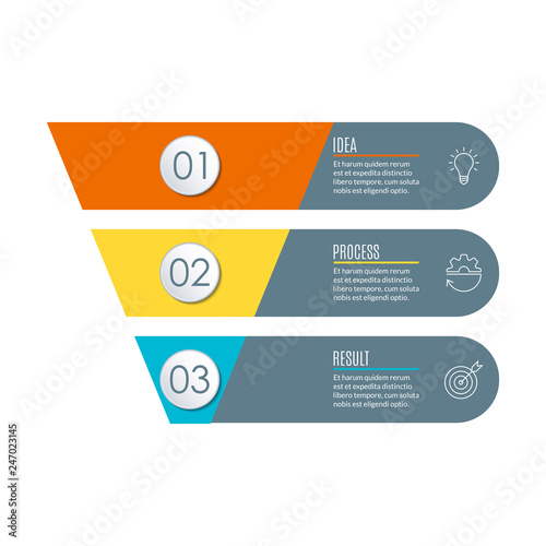 Funnel with 3 steps. Business infographic template with cone or pipeline. Marketing and sales concept. Vector illustration.