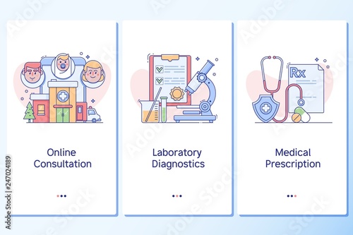 Healthcare and healthy lifestyle. Web site linear art onboarding screens template.