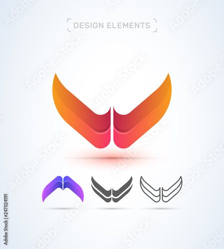 Vector abstract letter W or M logo design elements, material, origami paper, flat and line art icon set. Wings illustration
