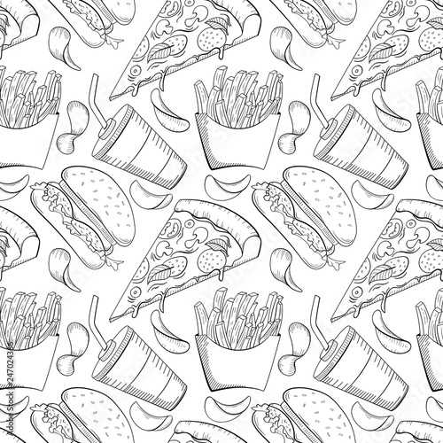Hand drawn fast foods doodle style background.