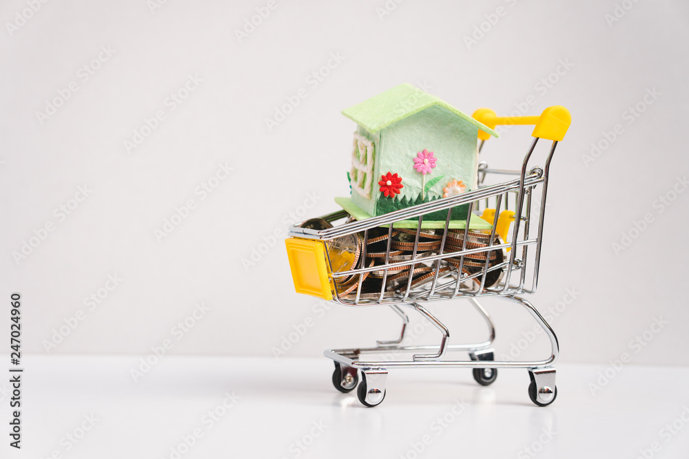 Stack coins and mini house in shopping cart using property and business marketing concept