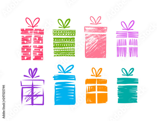 Gift boxes with bow, set of icons. Doodle vector illustration