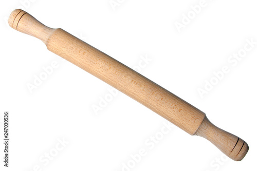 Wooden rolling pin on white background isolation, top view