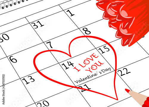 Valentin`s Tag Ich Liebe Dich Kalenderblatt mit Herz Blumen und Schriftzug