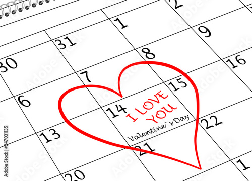 Valentin`s Tag Ich Liebe Dich Kalenderblatt mit Herz und Schriftzug