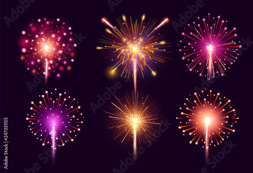 Fireworks set. Colorful bright festive realistic vector fireworks illustration. New Year Christmas firework explosion, star or stardust. Anniversary celebration bright colors background.