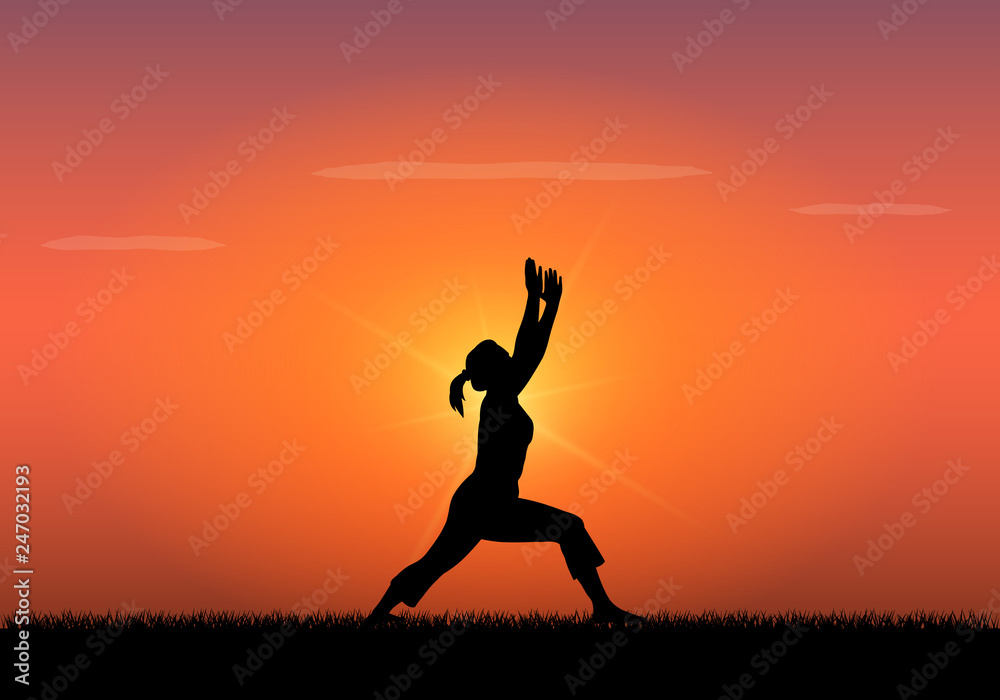 Silhouette of woman doing yoga at sunset Silhouette of woman doing yoga at sunset