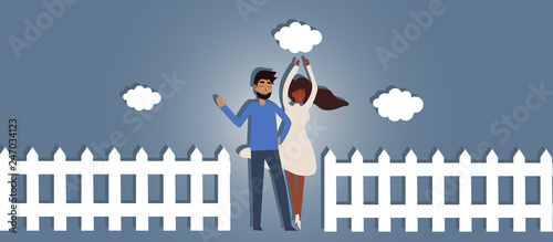 Happy family. Man and woman in clothes together. Vector illustrations in the flat style. Blue background with white cloud and wooden fence. 