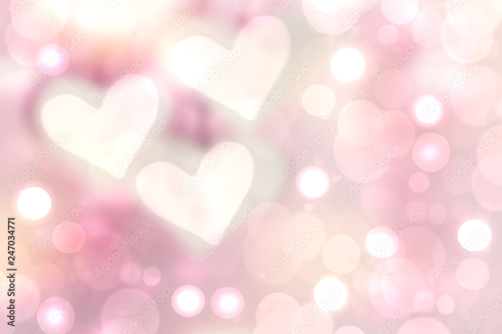 Abstract valentine background. Abtract festive blur pink bright pastel background with three large white hearst for valentine or wedding. Romantic textured backdrop with space for your design.