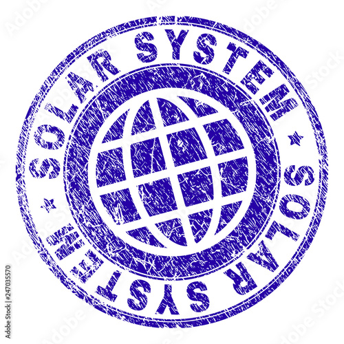 SOLAR SYSTEM stamp print with grunge texture. Blue vector rubber seal print of SOLAR SYSTEM tag with retro texture. Seal has words placed by circle and globe symbol.