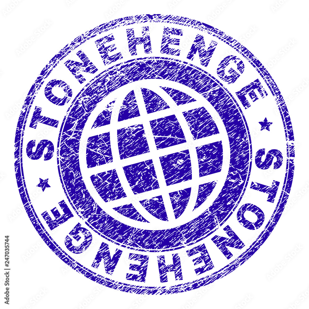 STONEHENGE stamp imprint with grunge effect. Blue vector rubber seal imprint of STONEHENGE text with grunge texture. Seal has words arranged by circle and globe symbol.