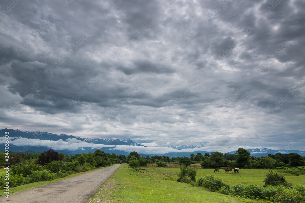 broken asphalt road among the fields on the way to the mountains under the stormy sky