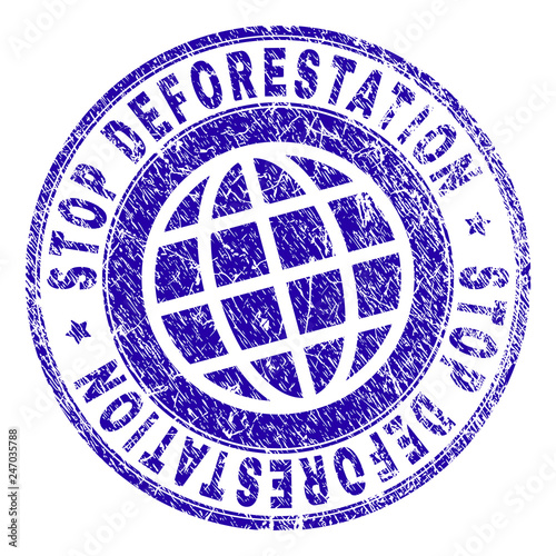STOP DEFORESTATION stamp watermark with grunge texture. Blue vector rubber seal imprint of STOP DEFORESTATION text with grunge texture. Seal has words arranged by circle and globe symbol.